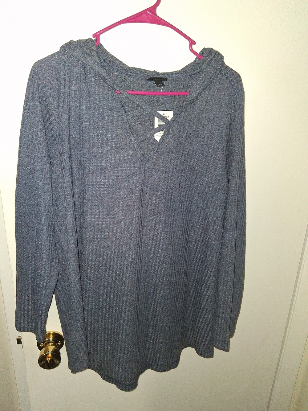 Navy Blue Ribbed Hooded Lace-Up Women's Top